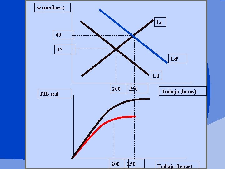 w (um/hora) Ls 40 35 Ld’ Ld PIB real 200 250 Trabajo (horas) 