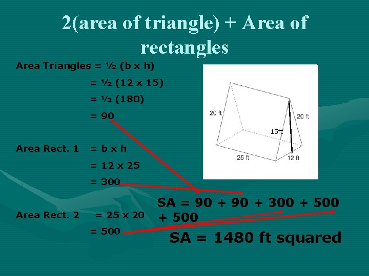 2(area of triangle) + Area of rectangles Area Triangles = ½ (b x h)