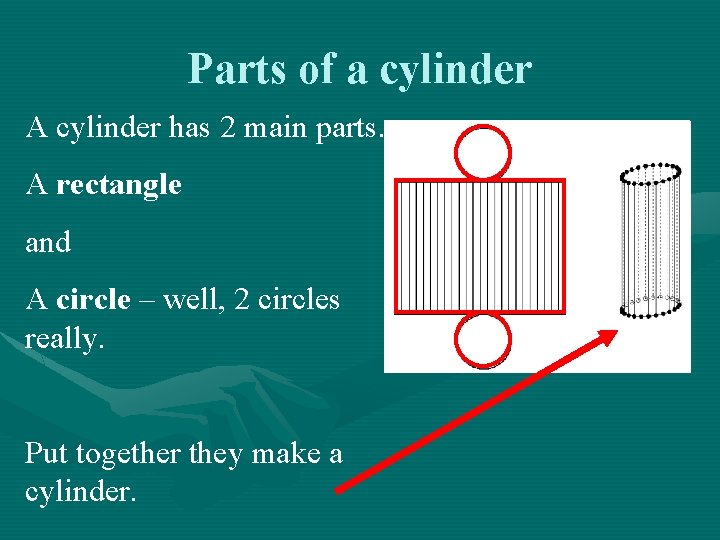 Parts of a cylinder A cylinder has 2 main parts. A rectangle and A