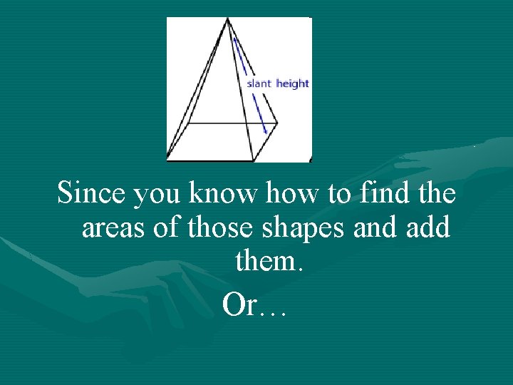 Since you know how to find the areas of those shapes and add them.