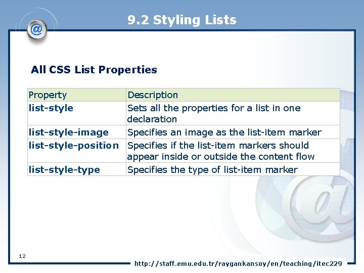 9. 2 Styling Lists All CSS List Properties Property list-style Description Sets all the