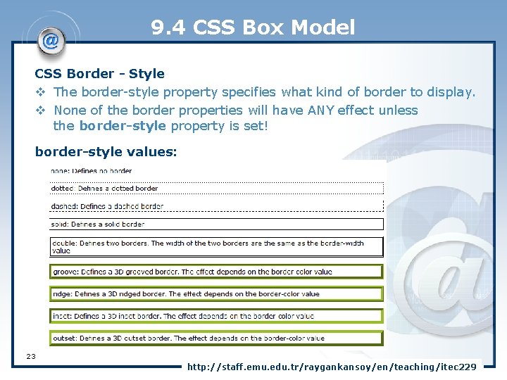 9. 4 CSS Box Model CSS Border - Style v The border-style property specifies