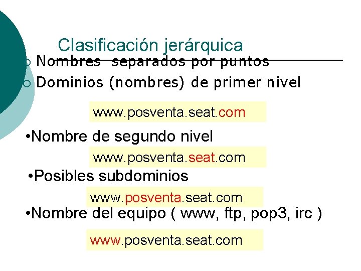 Clasificación jerárquica Nombres separados por puntos ¡ Dominios (nombres) de primer nivel ¡ www.