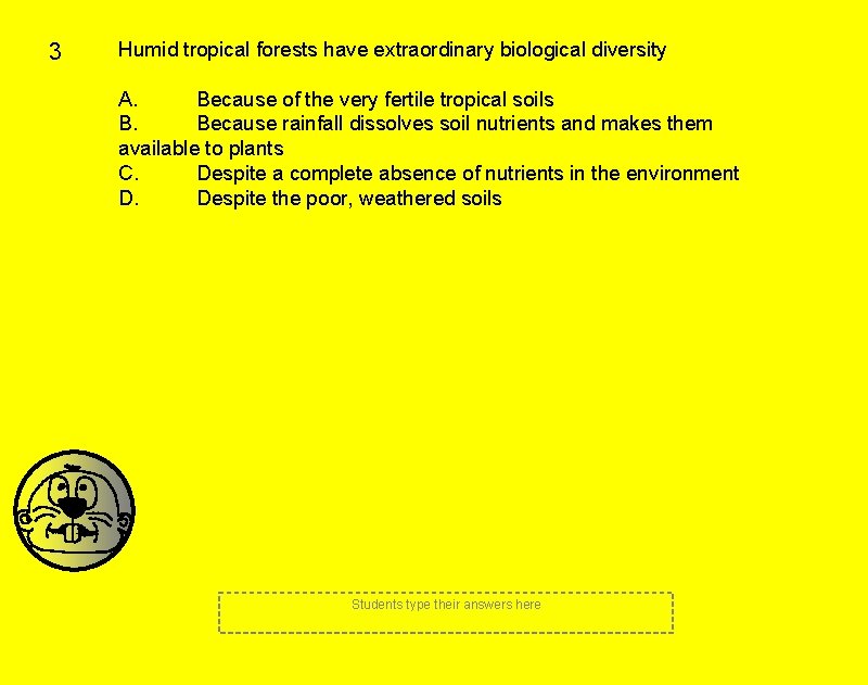 3 Humid tropical forests have extraordinary biological diversity A. Because of the very fertile