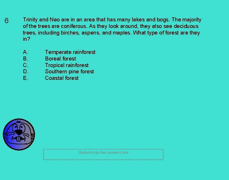 6 Trinity and Neo are in an area that has many lakes and bogs.