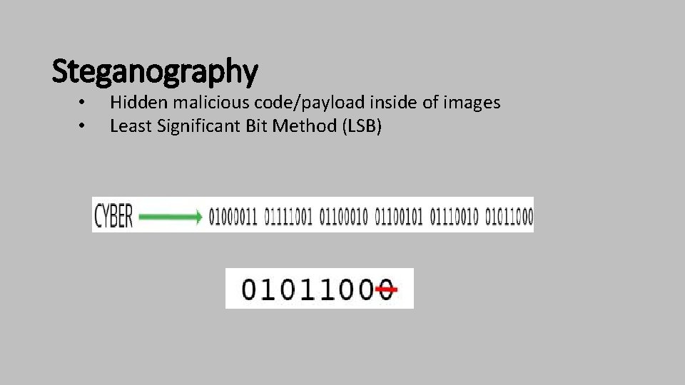 Steganography • • Hidden malicious code/payload inside of images Least Significant Bit Method (LSB)