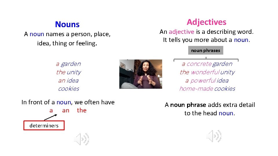 Nouns Adjectives A noun names a person, place, idea, thing or feeling. An adjective