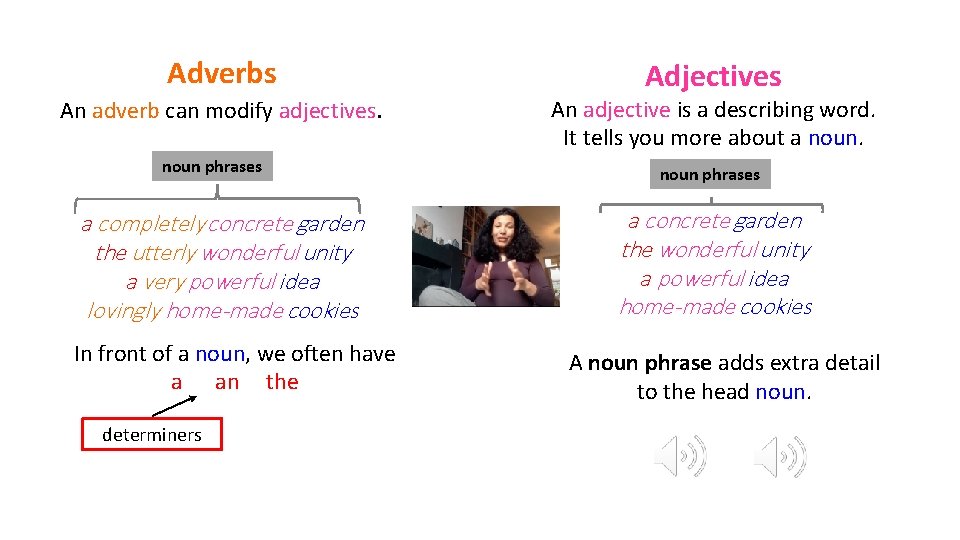 Adverbs An adverb can modify adjectives. noun phrases a completely concrete garden the utterly