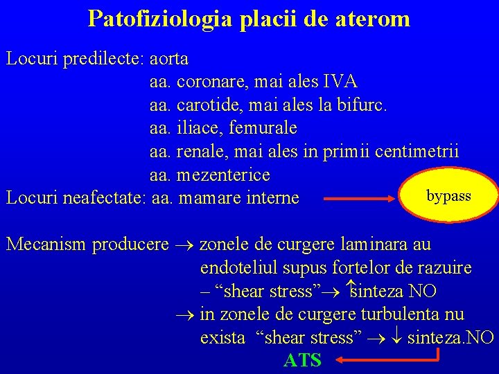 Patofiziologia placii de aterom Locuri predilecte: aorta aa. coronare, mai ales IVA aa. carotide,