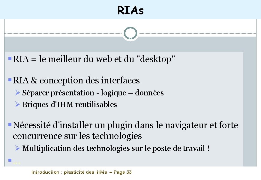 RIAs RIA = le meilleur du web et du "desktop" RIA & conception des
