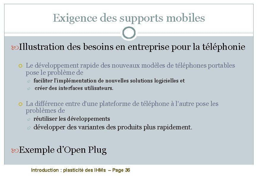 Exigence des supports mobiles Illustration des besoins en entreprise pour la téléphonie Le développement