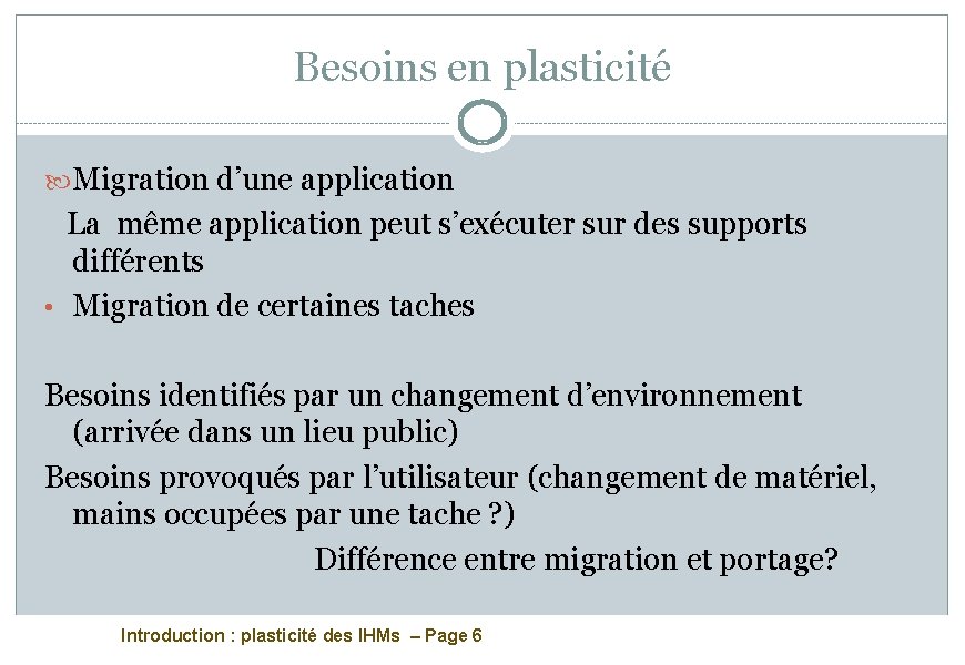 Besoins en plasticité Migration d’une application La même application peut s’exécuter sur des supports