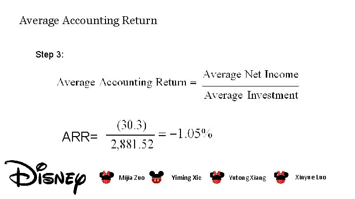 Average Accounting Return Step 3: ARR= Mijia Zuo Yiming Xie Yutong Xiang Xinyue Luo