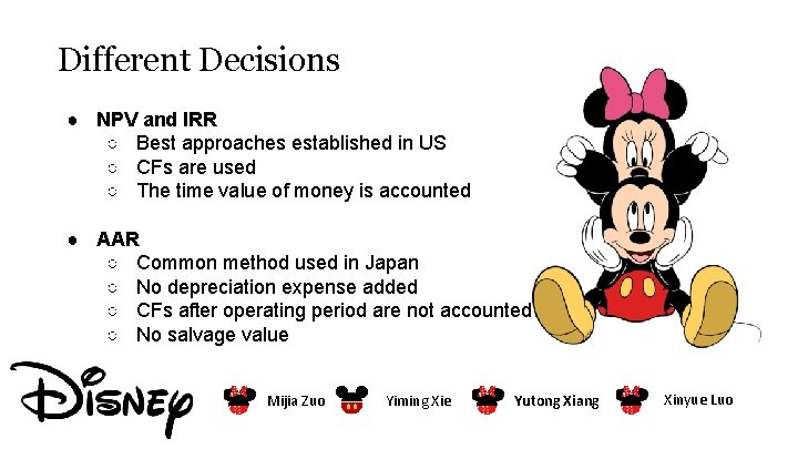 Different Decisions ● NPV and IRR ○ Best approaches established in US ○ CFs Different Decisions ● NPV and IRR ○ Best approaches established in US ○ CFs