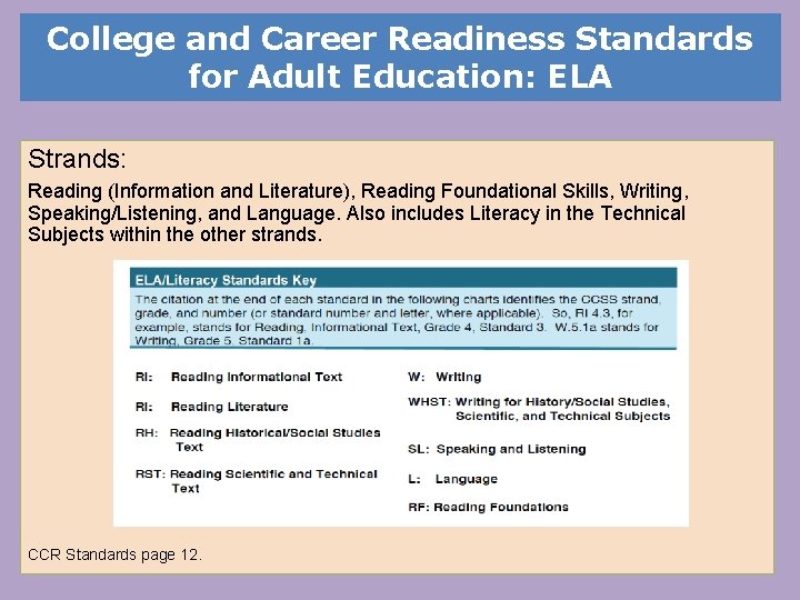 College and Career Readiness Standards for Adult Education: ELA Strands: Reading (Information and Literature),