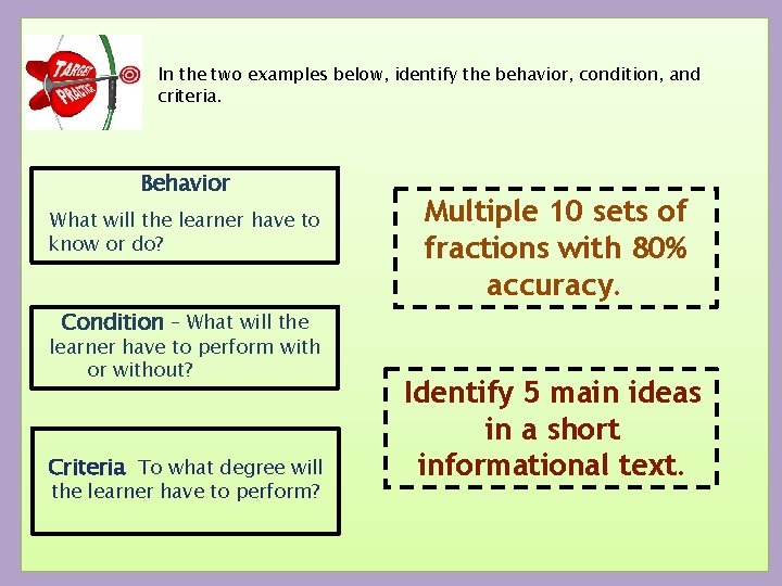 In the two examples below, identify the behavior, condition, and criteria. Behavior What will