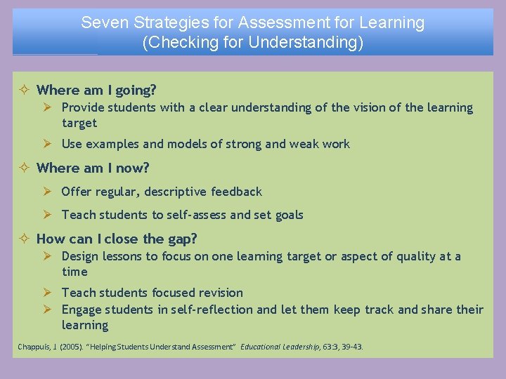 Seven Strategies for Assessment for Learning (Checking for Understanding) ² Where am I going?