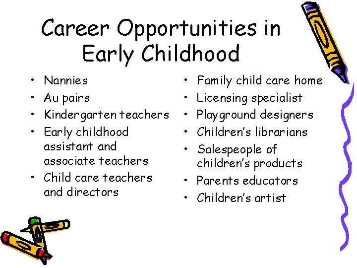 Career Opportunities in Early Childhood • • Nannies Au pairs Kindergarten teachers Early childhood
