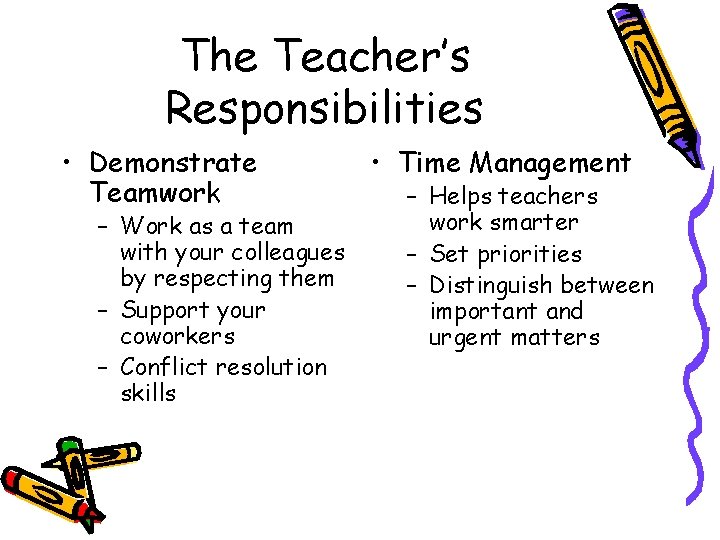 The Teacher’s Responsibilities • Demonstrate Teamwork – Work as a team with your colleagues