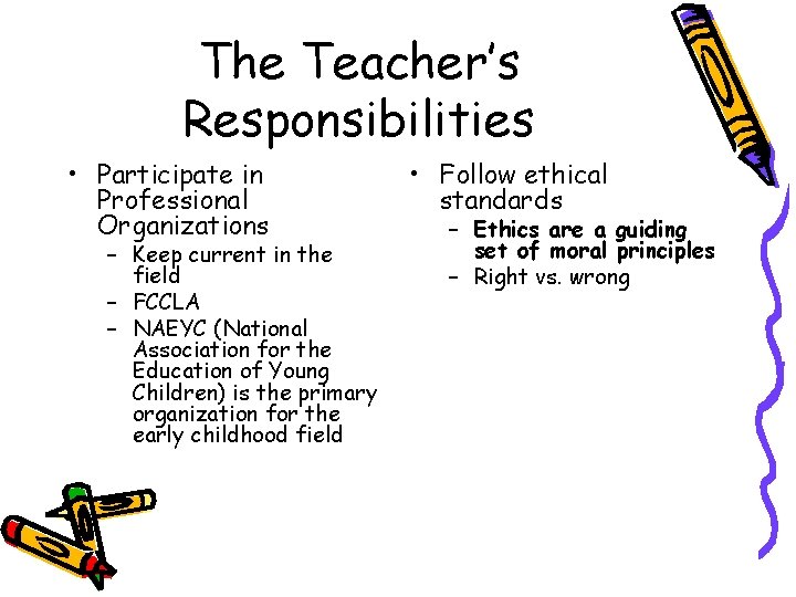The Teacher’s Responsibilities • Participate in Professional Organizations – Keep current in the field