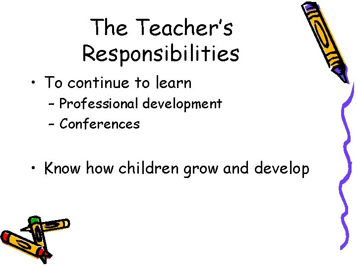 The Teacher’s Responsibilities • To continue to learn – Professional development – Conferences •