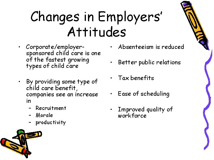 Changes in Employers’ Attitudes • Corporate/employersponsored child care is one of the fastest growing