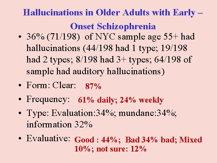 Hallucinations in Older Adults with Early – Onset Schizophrenia • 36% (71/198) of NYC Hallucinations in Older Adults with Early – Onset Schizophrenia • 36% (71/198) of NYC