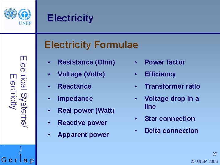 Electricity Formulae Electrical Systems/ Electricity • Resistance (Ohm) • Power factor • Voltage (Volts)