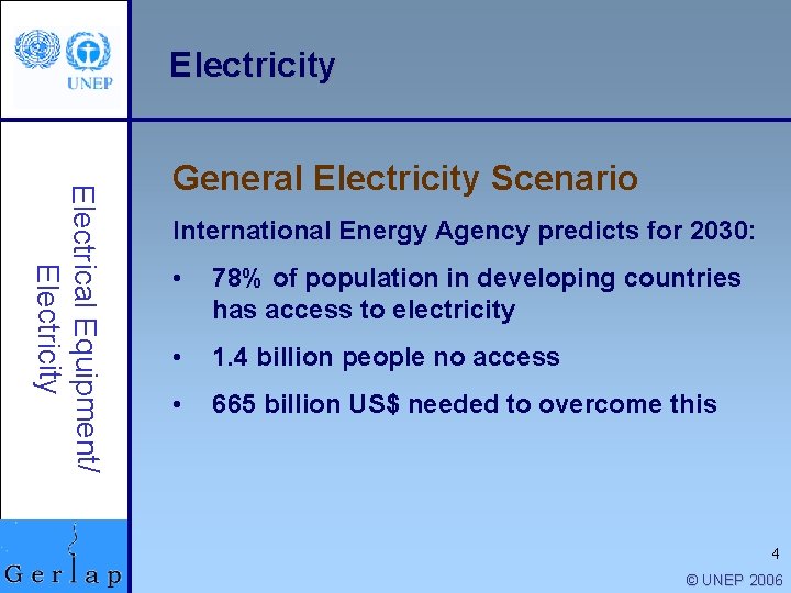 Electricity Electrical Equipment/ Electricity General Electricity Scenario International Energy Agency predicts for 2030: •