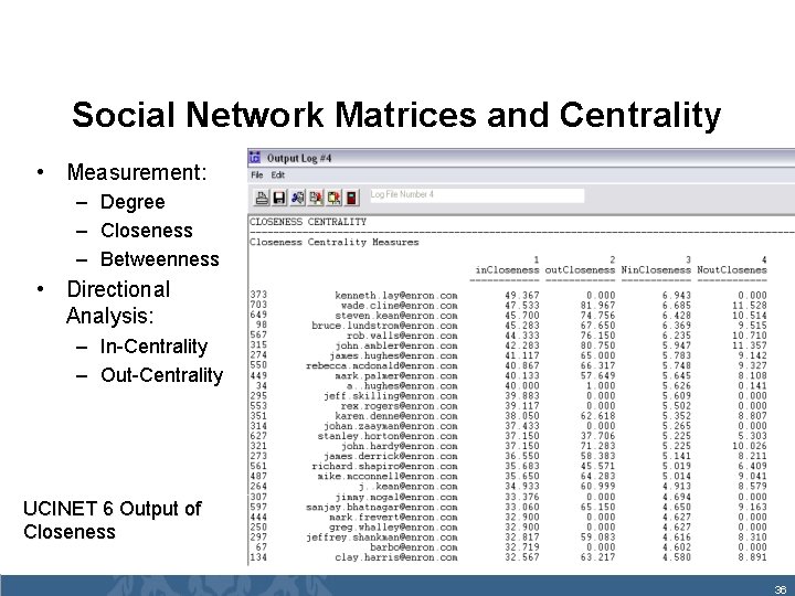 Social Network Matrices and Centrality • Measurement: – Degree – Closeness – Betweenness •