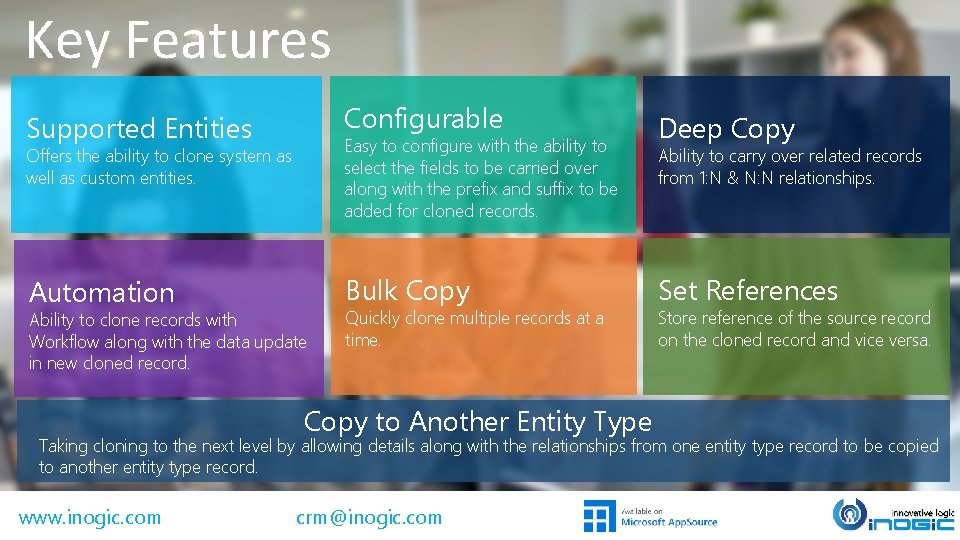 Key Features Supported Entities Configurable Automation Bulk Copy Easy to configure with the ability Key Features Supported Entities Configurable Automation Bulk Copy Easy to configure with the ability