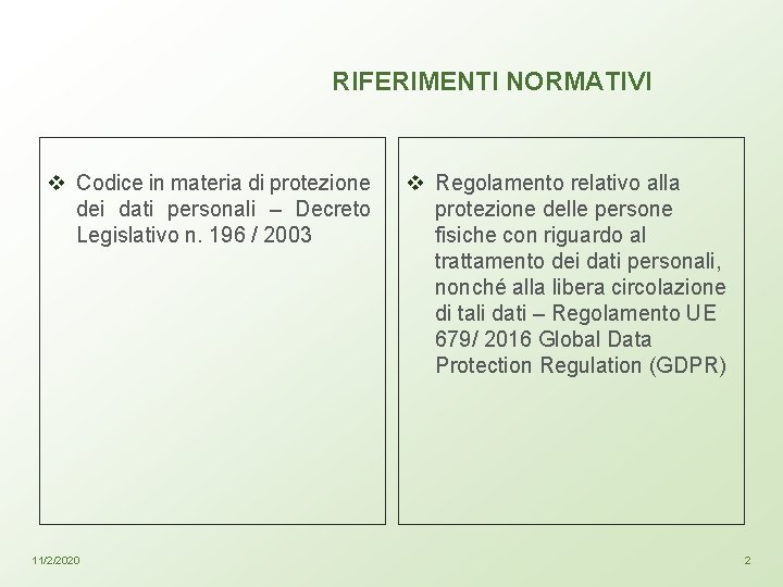 RIFERIMENTI NORMATIVI v Codice in materia di protezione dei dati personali – Decreto Legislativo