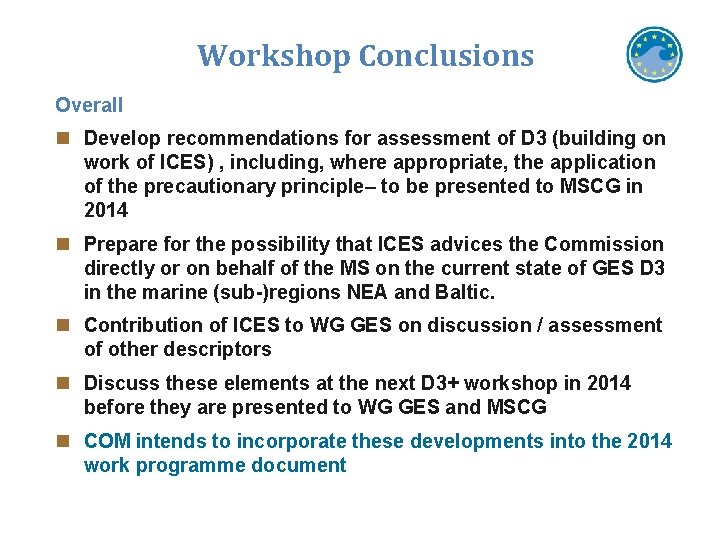 Workshop Conclusions Overall n Develop recommendations for assessment of D 3 (building on work