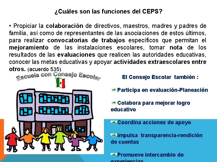 ¿Cuáles son las funciones del CEPS? • Propiciar la colaboración de directivos, maestros, madres