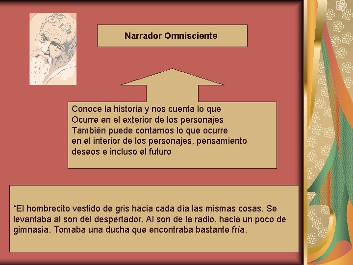 Narrador Omnisciente Conoce la historia y nos cuenta lo que Ocurre en el exterior