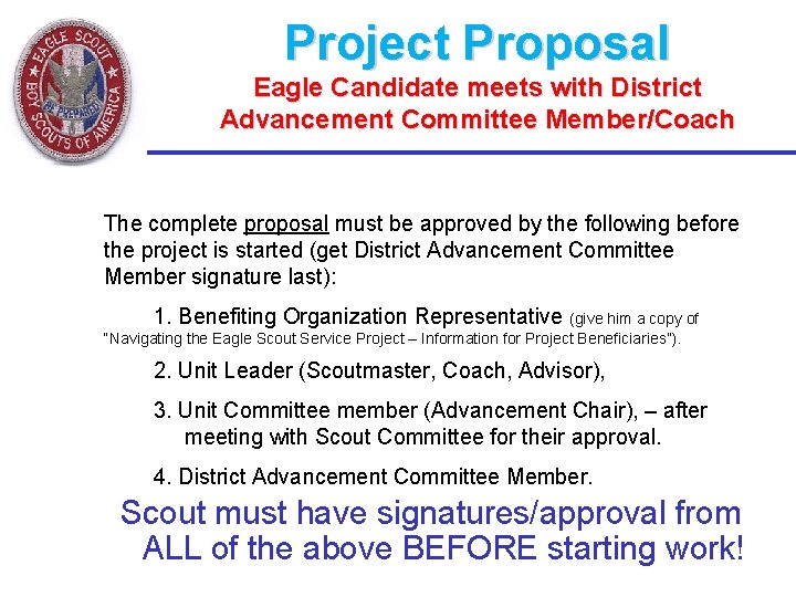 Project Proposal Eagle Candidate meets with District Advancement Committee Member/Coach The complete proposal must