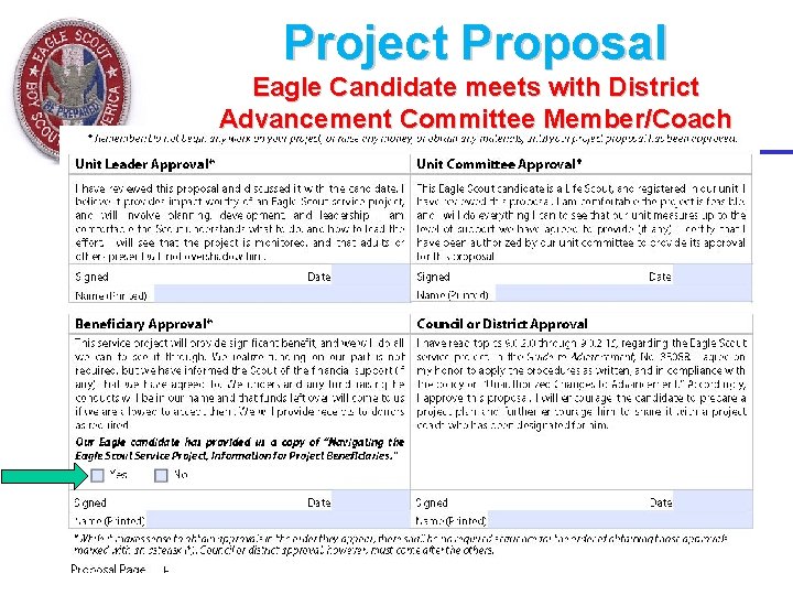 Project Proposal Eagle Candidate meets with District Advancement Committee Member/Coach Project Proposal Eagle Candidate meets with District Advancement Committee Member/Coach
