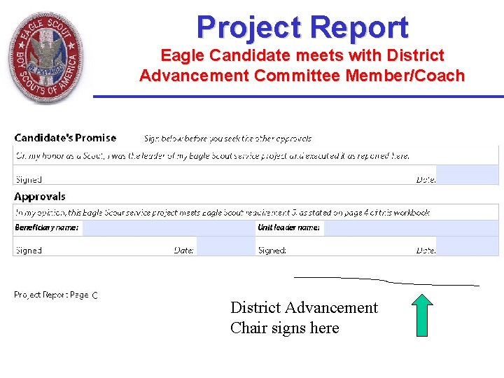 Project Report Eagle Candidate meets with District Advancement Committee Member/Coach District Advancement Chair signs