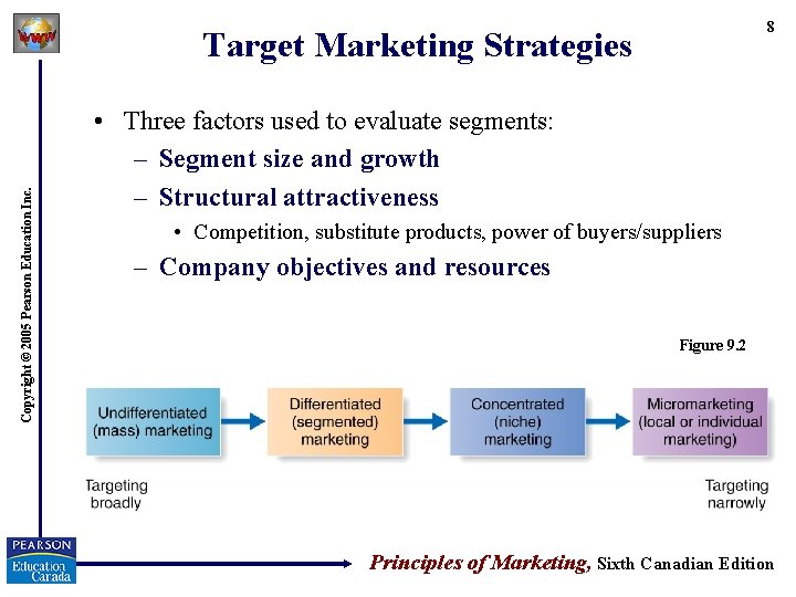 8 Copyright © 2005 Pearson Education Inc. Target Marketing Strategies • Three factors used