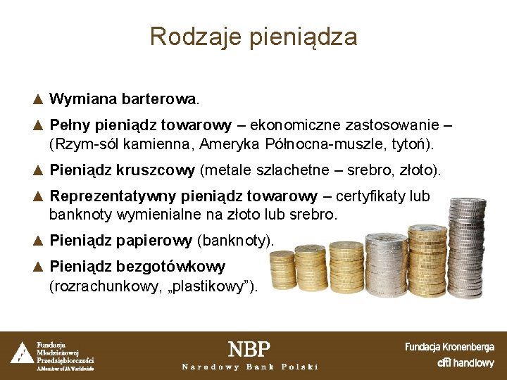 Rodzaje pieniądza ▲ Wymiana barterowa. ▲ Pełny pieniądz towarowy – ekonomiczne zastosowanie – (Rzym-sól