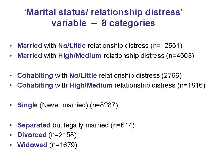 ‘Marital status/ relationship distress’ variable – 8 categories • Married with No/Little relationship distress