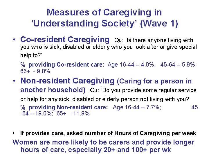 Measures of Caregiving in ‘Understanding Society’ (Wave 1) • Co-resident Caregiving Qu: ‘Is there