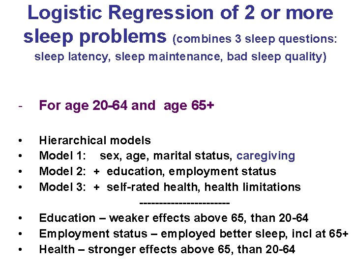 Logistic Regression of 2 or more sleep problems (combines 3 sleep questions: sleep latency,