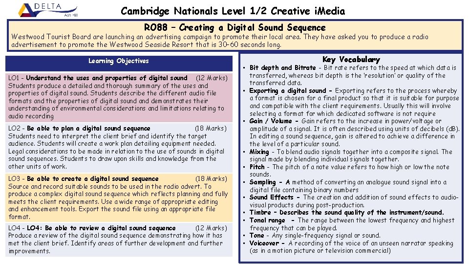 Cambridge Nationals Level 1/2 Creative i. Media RO 88 – Creating a Digital Sound