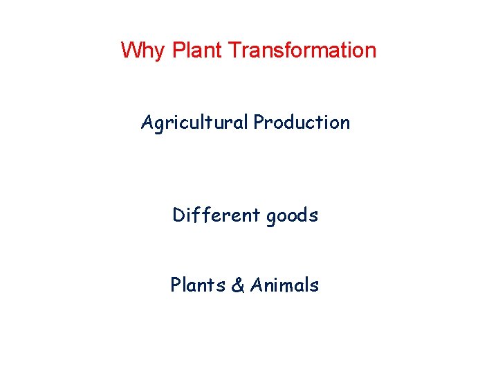 Why Plant Transformation Agricultural Production Different goods Plants & Animals Why Plant Transformation Agricultural Production Different goods Plants & Animals