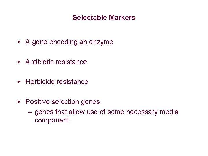 Selectable Markers • A gene encoding an enzyme • Antibiotic resistance • Herbicide resistance Selectable Markers • A gene encoding an enzyme • Antibiotic resistance • Herbicide resistance