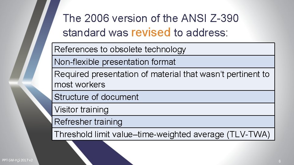 The 2006 version of the ANSI Z-390 standard was revised to address: References to