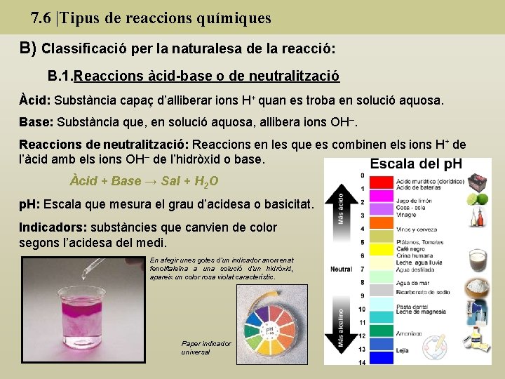 7. 6 |Tipus de reaccions químiques B) Classificació per la naturalesa de la reacció: