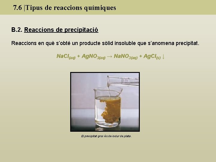 7. 6 |Tipus de reaccions químiques B. 2. Reaccions de precipitació Reaccions en què