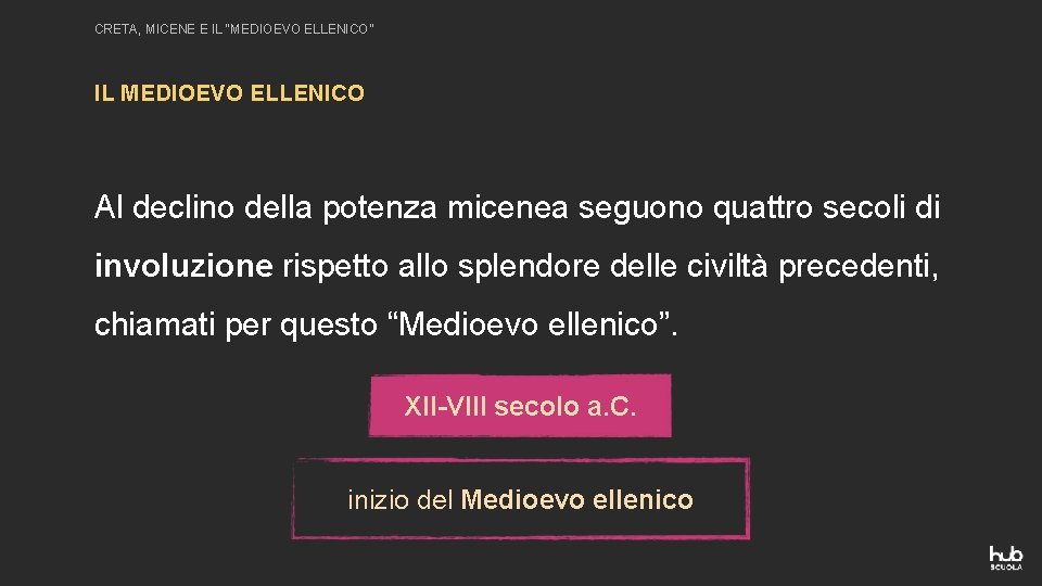 CRETA, MICENE E IL “MEDIOEVO ELLENICO” IL MEDIOEVO ELLENICO Al declino della potenza micenea